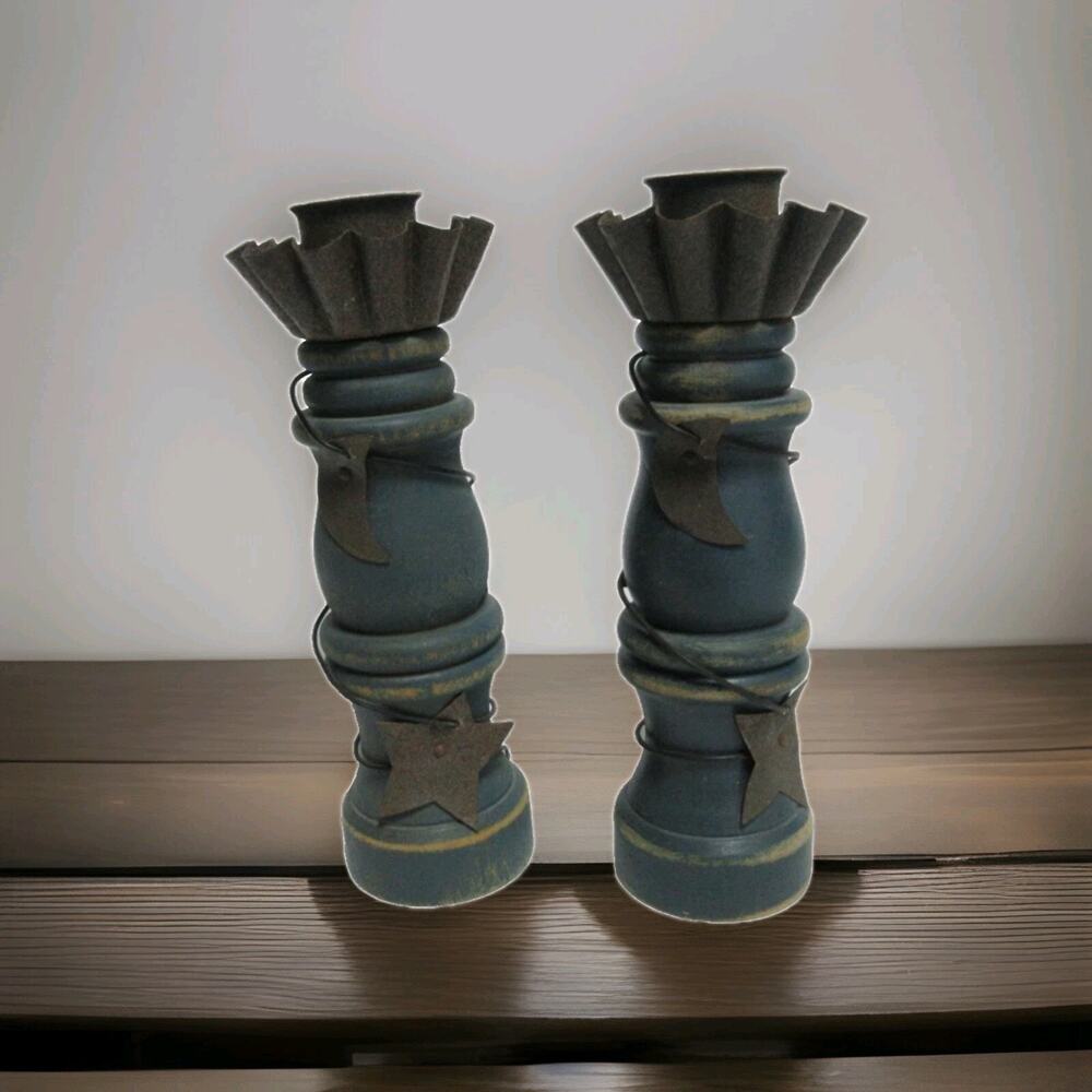 2 Primitive Blue Wooden Candlestick Holder Rustic Metal Moon & Stars 5.5” Tall